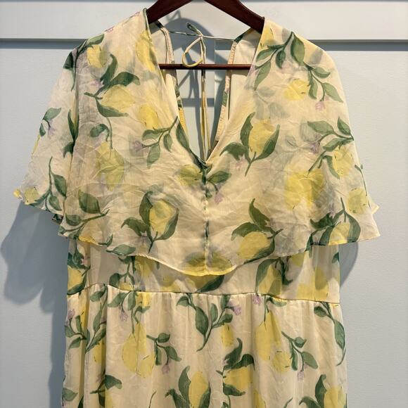 NWT Lemon Print Midi Dress Women 18 Yellow Vero Moda Curve Sheer Flutter Sleeve - Picture 3 of 16